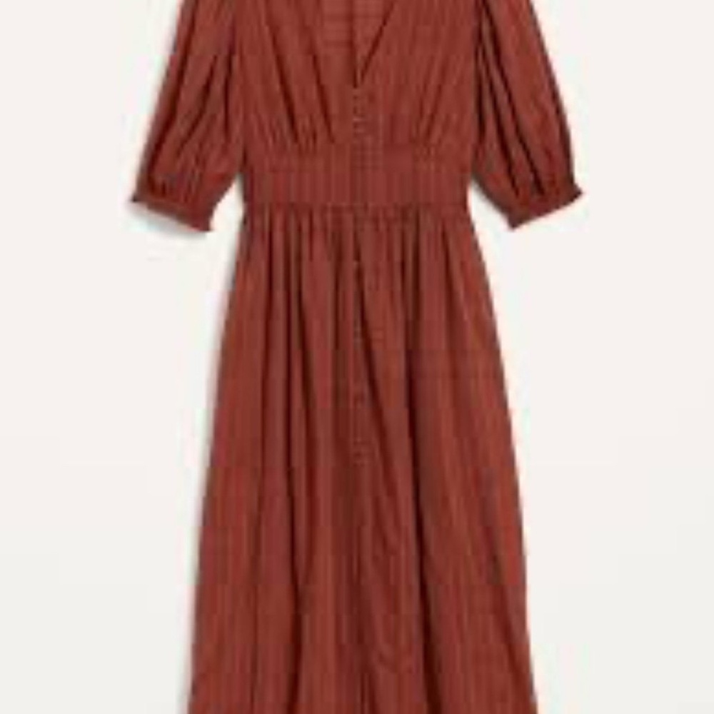 Old Navy women’s Fit & Flare Puff-Sleeve orange rust colored Midi Dress LARGE - Picture 5 of 5